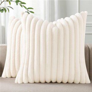 Faux Fur Velvet Pillow Covers – 18x18 Cream White, Chunky Stripe Design